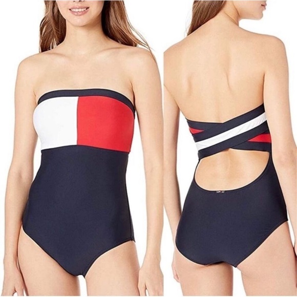 Tommy Hilfiger Swimsuit One Piece Color
Block Strapless Halter Navy Large NWT - Picture 1 of 12